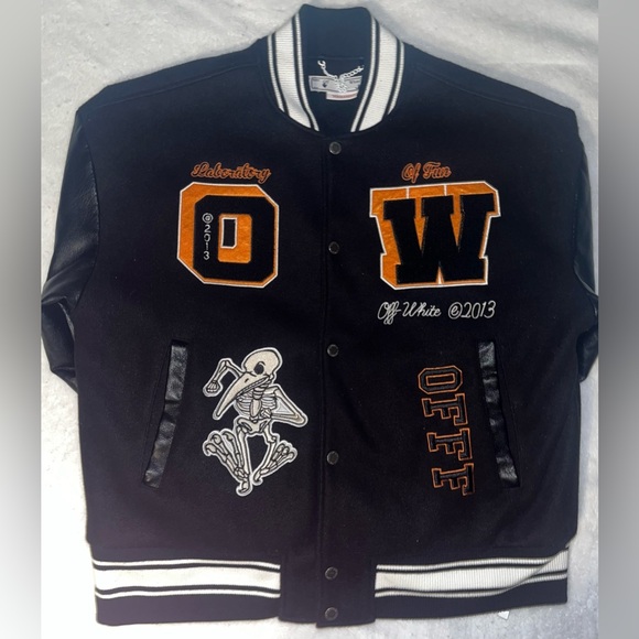 Off-White Leather Varsity Jacket Black & Orange Laboratory Of Fun Size Large - Picture 9 of 16